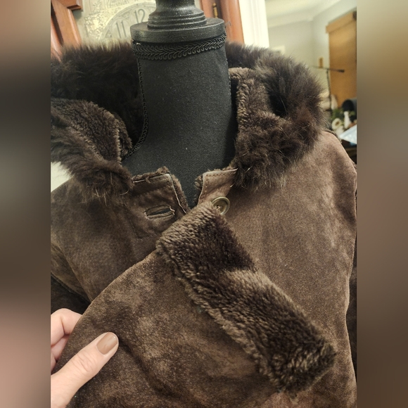 Damselle suede leather coat, size large, brown - Picture 2 of 6